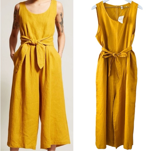 Grae Cove NWT 100% Linen Mustard Yellow Belted Cropped Jumpsuit Size L - Picture 2 of 11